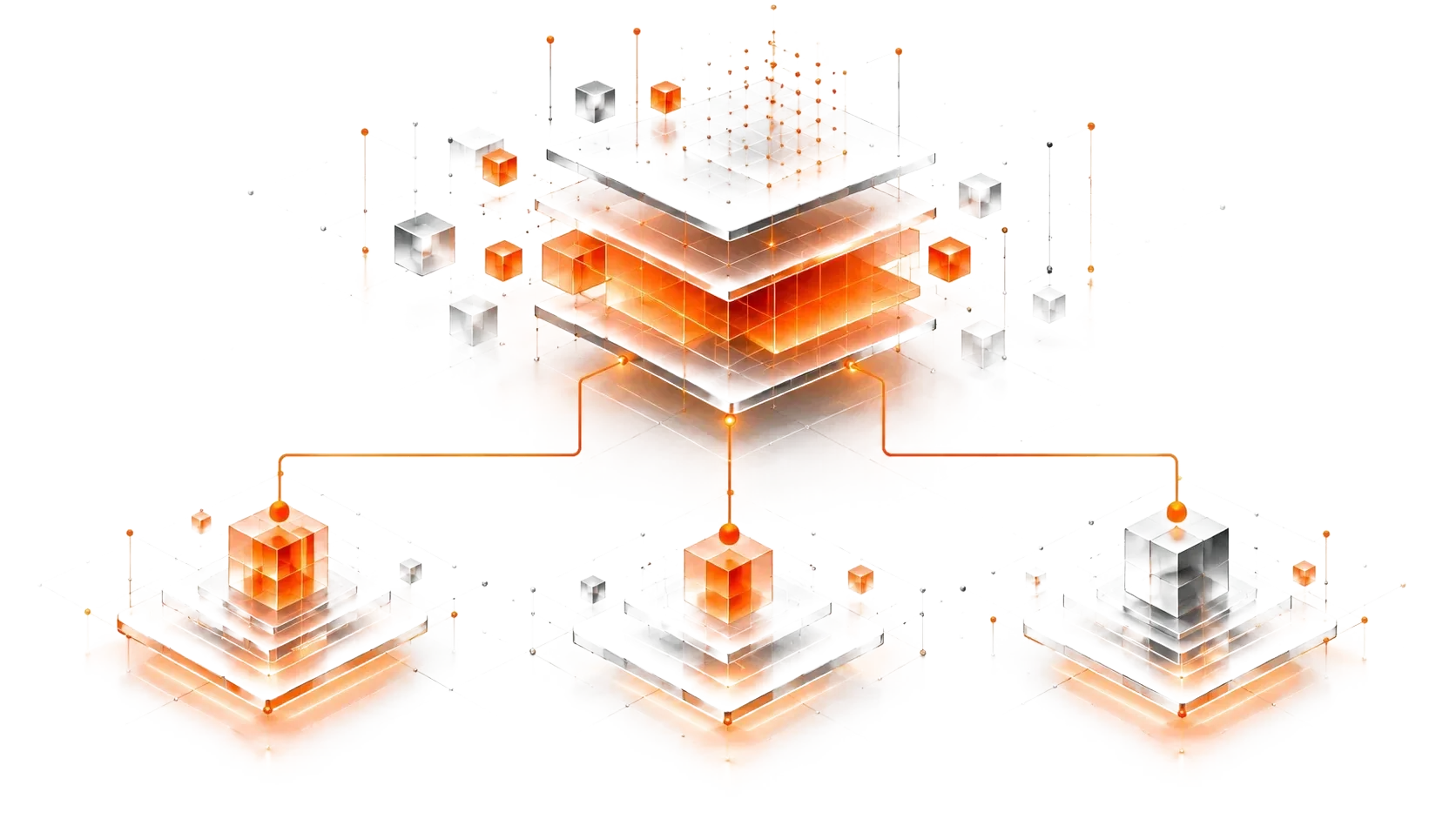 Brickwork isometric illustration of the system: connected orange and glass platforms